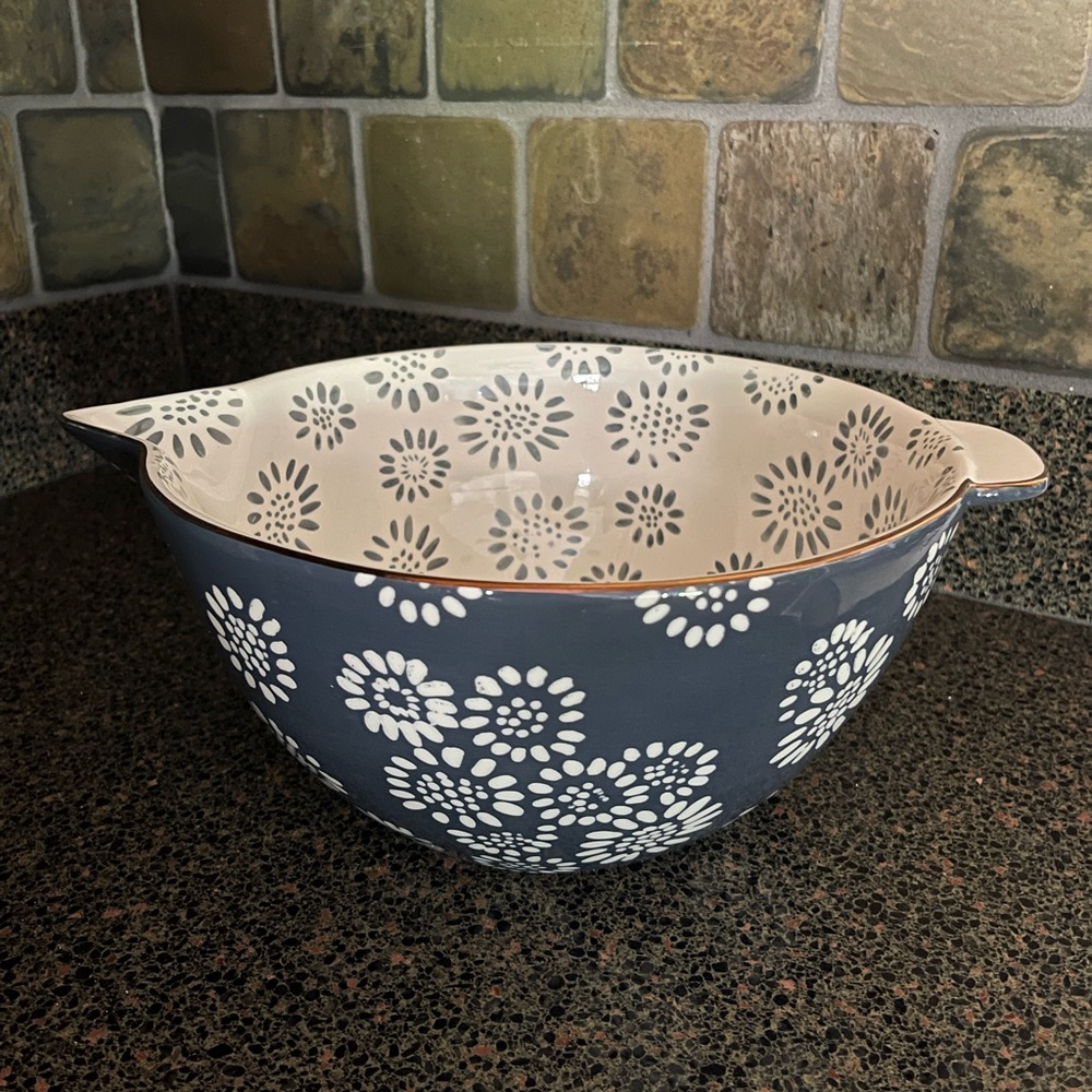 Threshold Stoneware Blue & White Floral Batter Serving Bowl | Gold Rim Detail